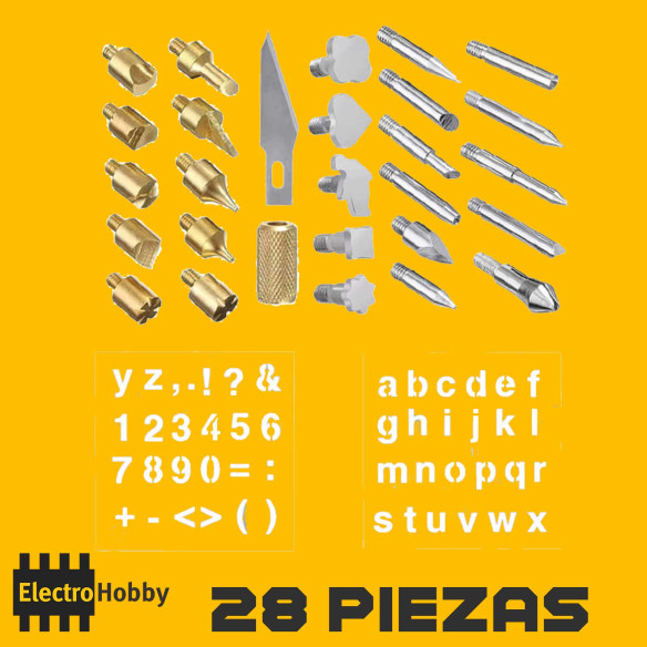 Detalle de puntas y accesorios incluidos en el kit de puntas de pirograbado