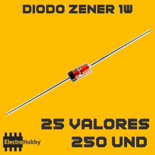 Kit 250 diodos Zener de 1W (2,4–33V, 25 valores x10 und)