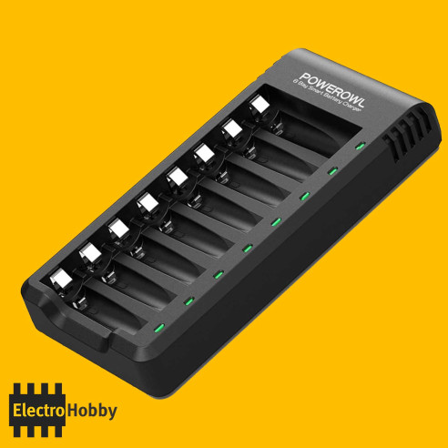 Cargador inteligente para pilas recargables AA y AAA Ni‑MH / Ni‑Cd POWEROWL de 8 bahías