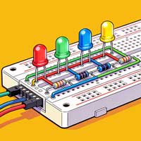 Ilustraci&oacute;n de una protoboard con un circuito electr&oacute;nico